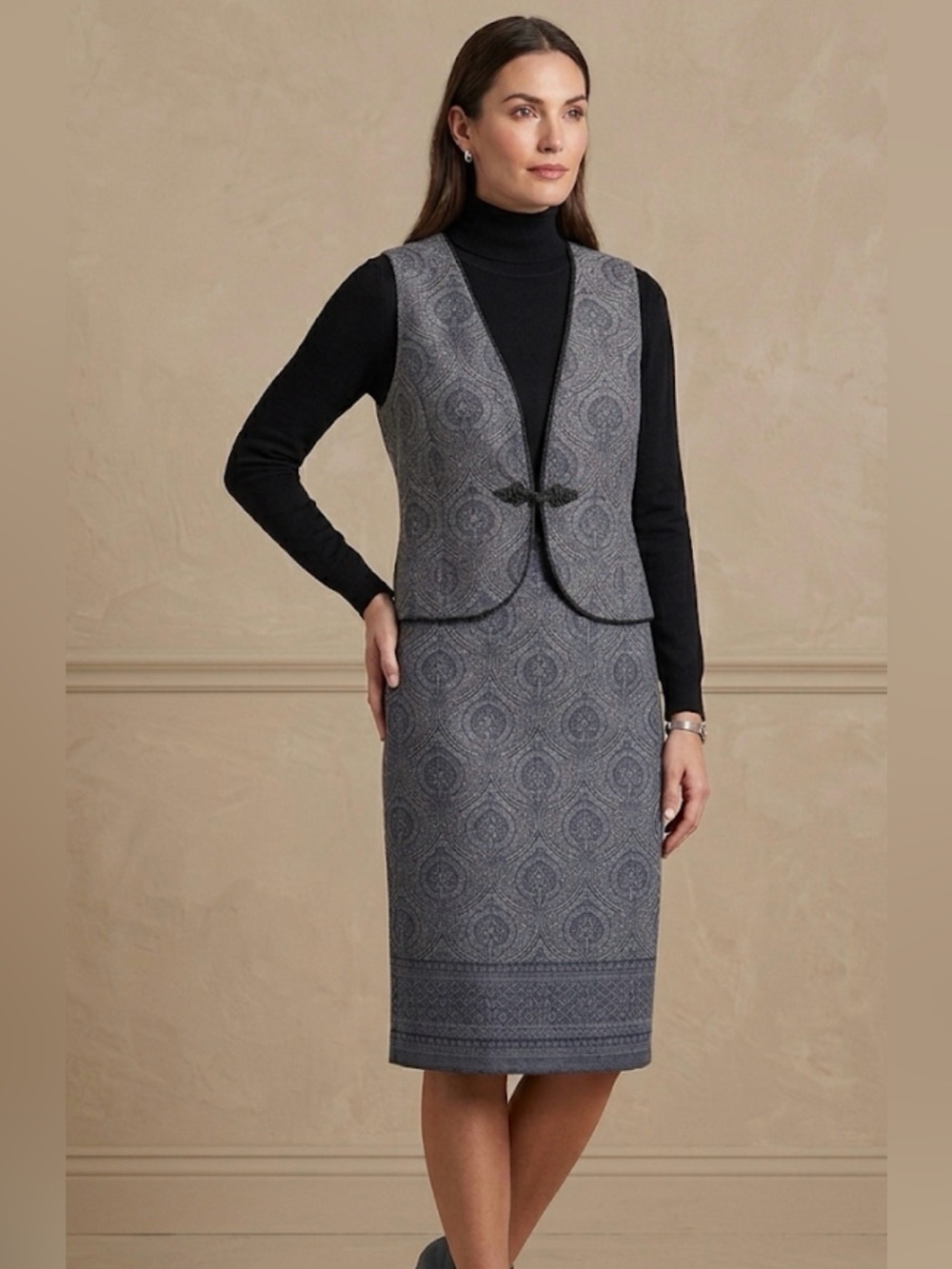 Vintage Pendleton Wool Skirt Set Vest Suit Gray Paisley Brocade Classic L / 12